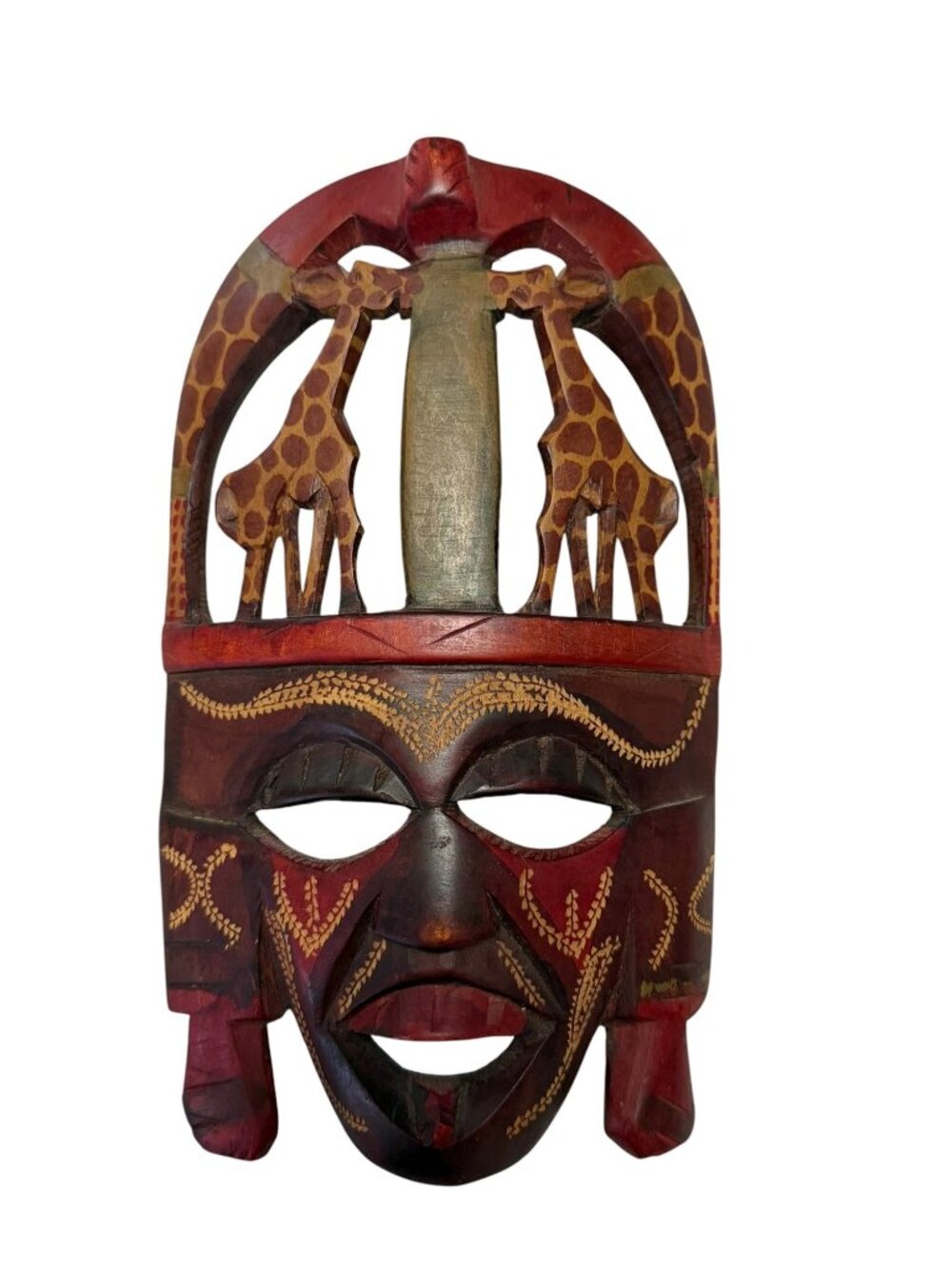 Vintage African Hand Carved Wood Mask Giraffe Safari Wildlife Wall Art 10 Inch